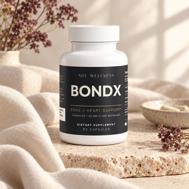BONDX from Sol in morning light on travertine and cream linen