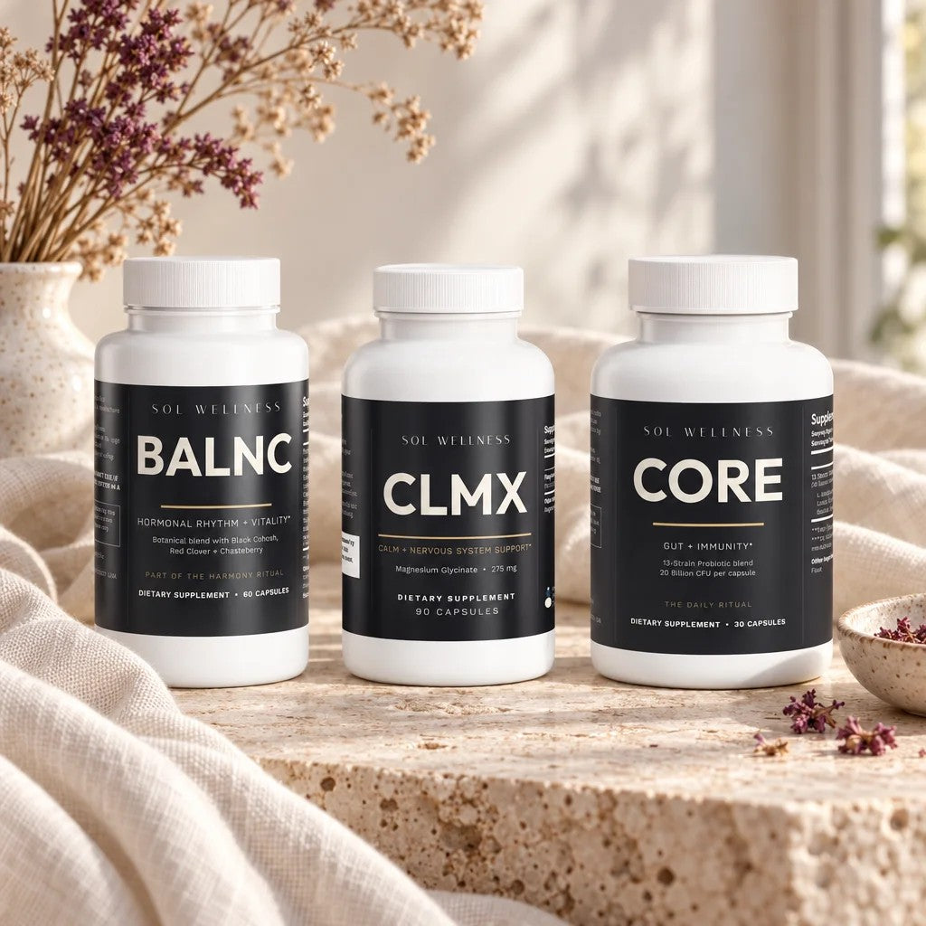Full Rebalancing Stack: BALNC, CLMX and CORE on travertine and cream linen
