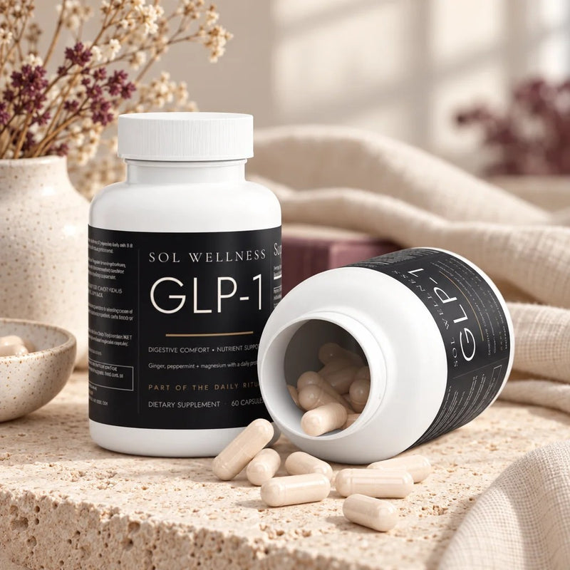 GLP-1 Support from Sol in morning light on travertine and cream linen