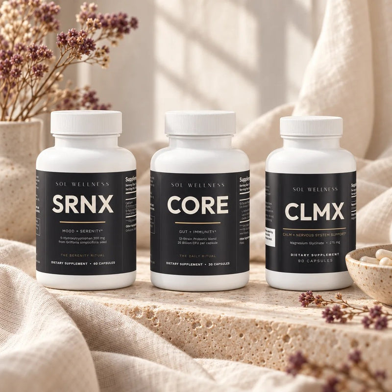 Gut and Calm Stack: SRNX, CORE and CLMX on travertine and cream linen