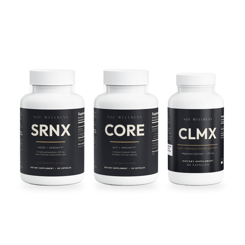 Gut and Calm Stack: SRNX, CORE and CLMX bottles from Sol