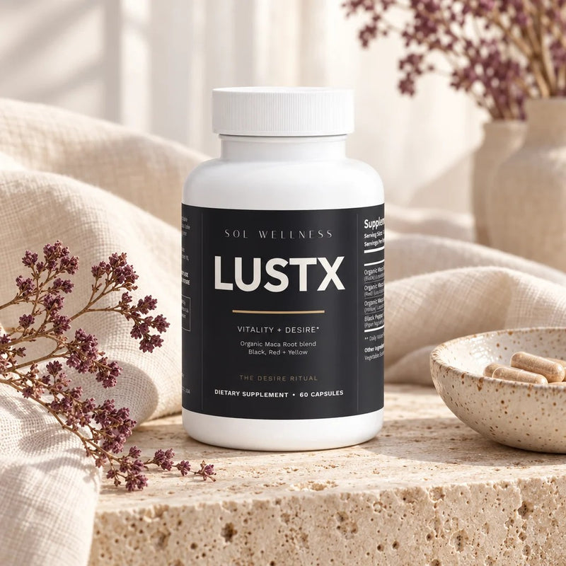 LUSTX from Sol in morning light on travertine and cream linen