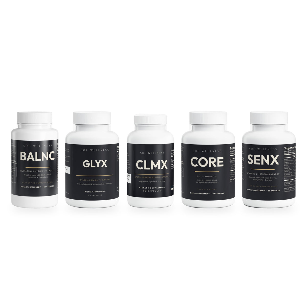 Premium Stack: BALNC, GLYX, CLMX, CORE and SENX bottles from Sol
