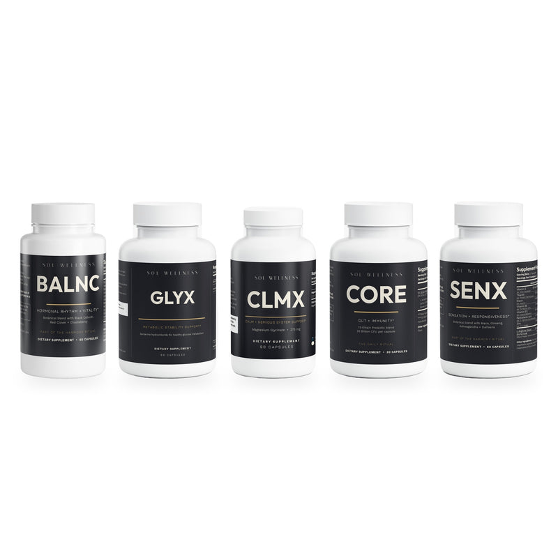 Premium Stack: BALNC, GLYX, CLMX, CORE and SENX bottles from Sol