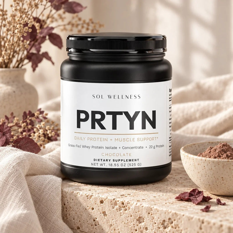 PRTYN Chocolate from Sol in morning light on travertine and cream linen