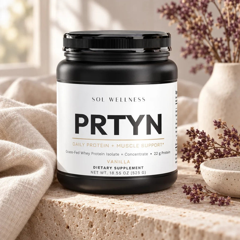 PRTYN Vanilla from Sol in morning light on travertine and cream linen