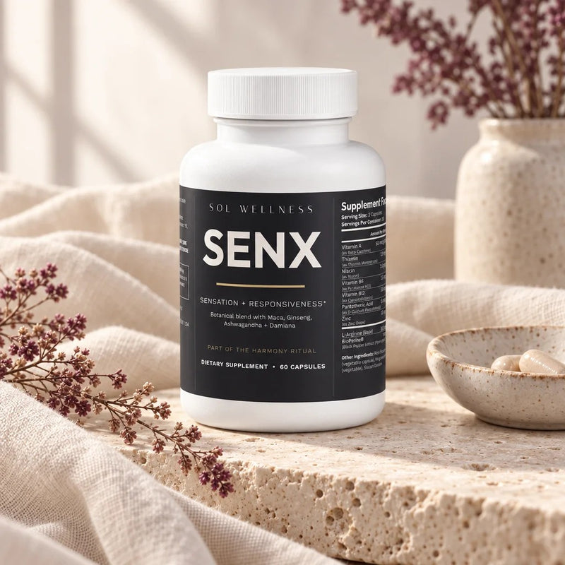 SENX from Sol in morning light on travertine and cream linen
