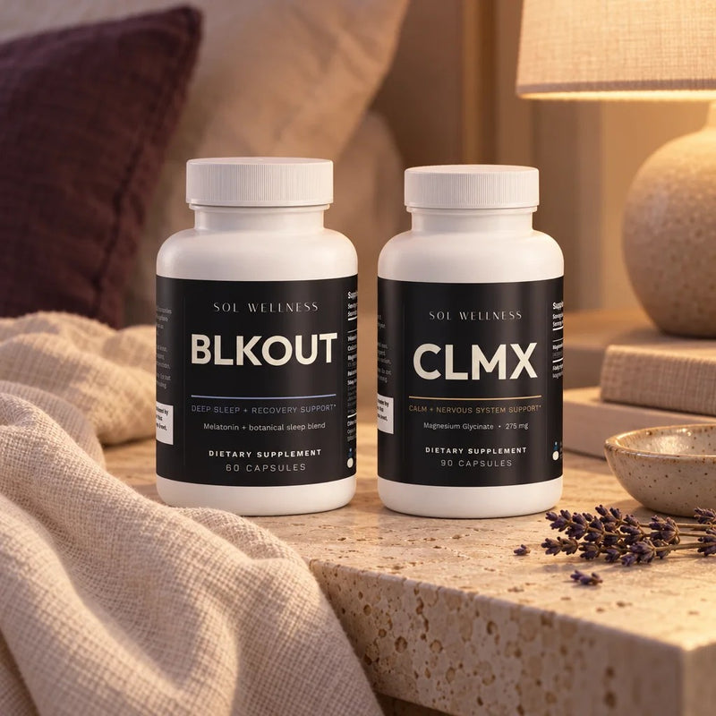 Sleep and Rest Stack: BLKOUT and CLMX on a bedside in evening lamplight
